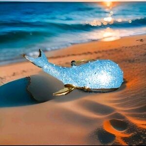 Glass Glitter Rhinestone Baby Blue Whale With Gold Trimming Christmas Ornament
